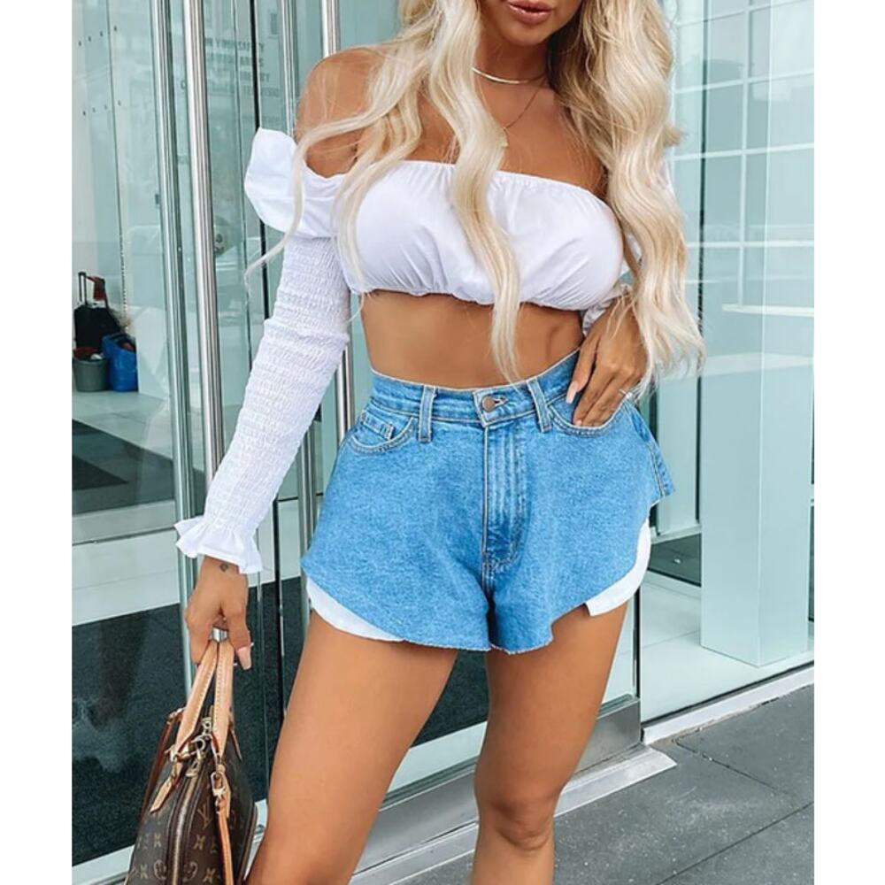 Fashion Nova Flirty Look Flowy Raw Hem Denim Cut-Off Shorts XS